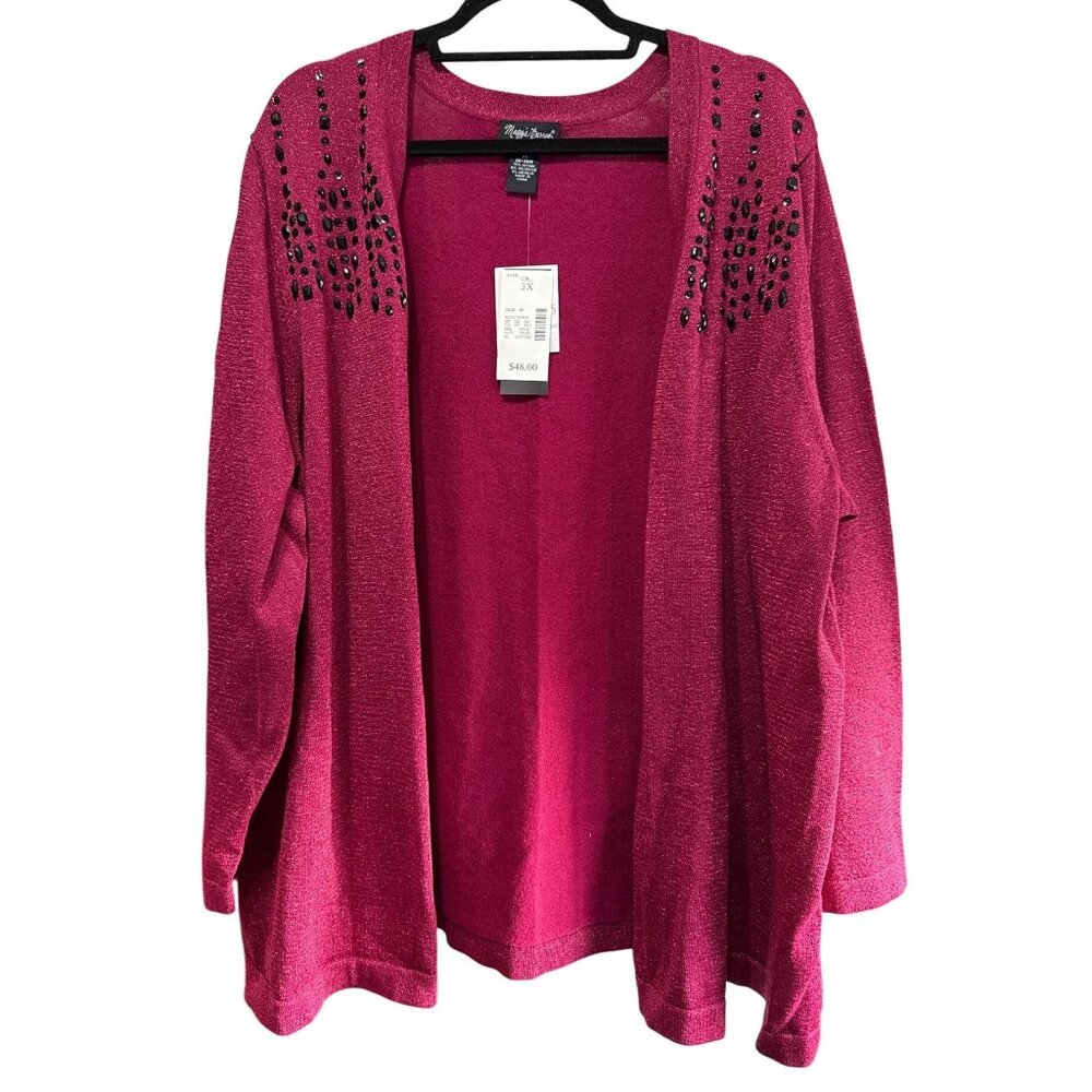 Maggie Barnes NEW Womens Sparkly Fuchsia Cardigan Black Gem Accents Size 3X